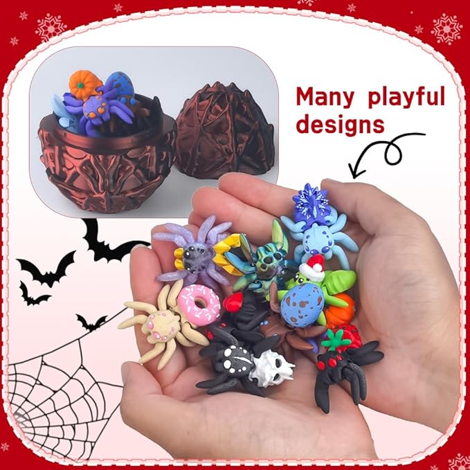 3D Printed Dragon Egg with 10 Unique Spiders,3D Printed Animals,Stocking Stuffers,Surprise Spider Set for Party Favors (Black-Red)