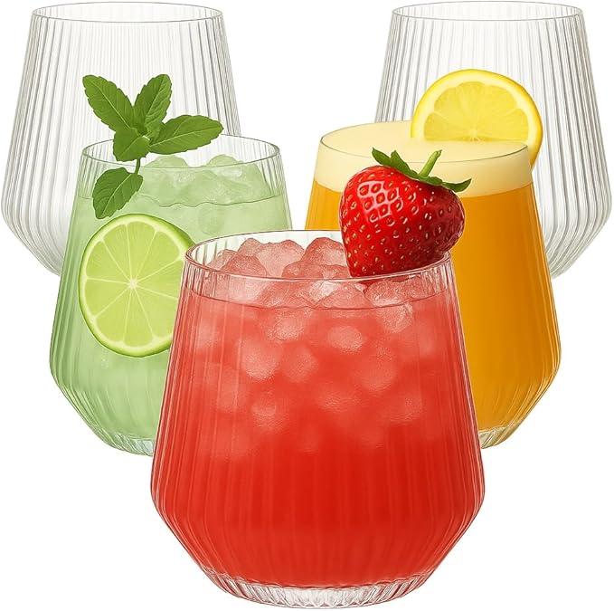40 count 14 oz Origami Ripple Ribbed Unbreakable Stemless Plastic Wine Champagne Whiskey Glasses Elegant Durable Disposable Indoor Outdoor Ideal for Home Wedding, Ribbed 14 Ounce Cups (40, Clear)