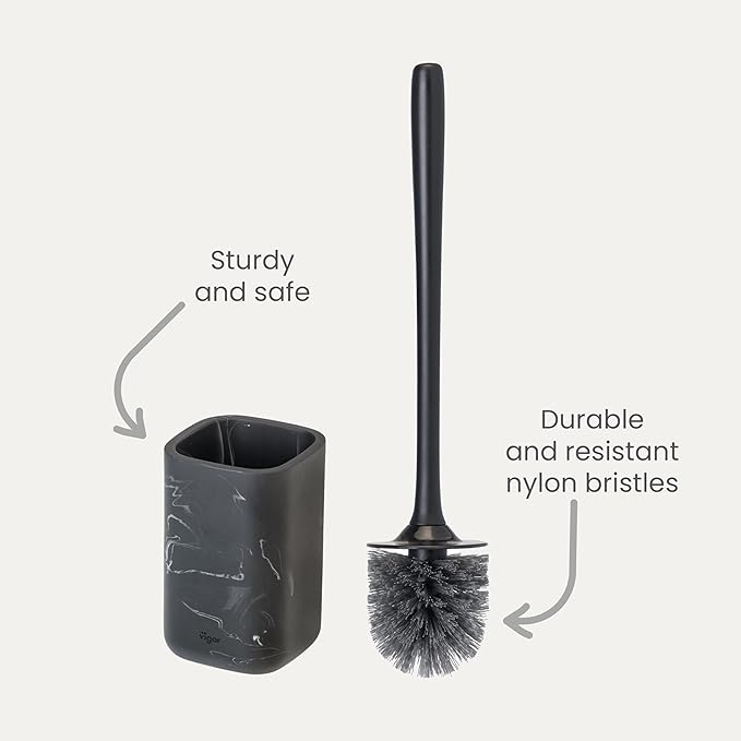 Vigar Zense Toilet Brush and Holder Set, Toilet Bowl Brush with Polyresin Stone Holder, Bathroom Sets for Bathroom Decor and Accessories, Black Marble
