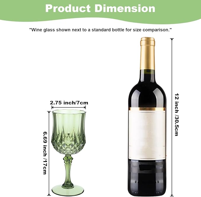 Limbeuuu 12 Pcs 7oz Plastic Vintage Wine Glasses Drinking Glasses Unbreakable Wedding Glassware Crystal Water Goblets Reusable Drinkware Vintage Champagne Flutes (Dark Green)