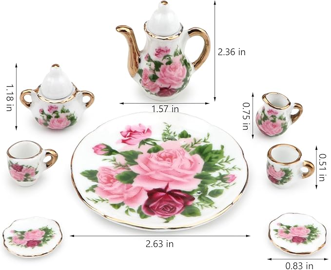 Dollhouse 1:6 Porcelain Tea Cup Sets 8 Pcs Set Miniature Ceramics Dollhouse Accessories Flower Pattern Teapot Platter Dish Sets Dollhouse Kitchen Supplies Decoration (Big Rose)