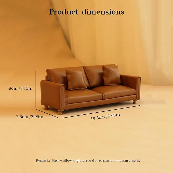 Miniature Dollhouse Leather Couch -1:12 Scale Mini Sofa Furniture Set with Cushions Fit 1/12 Scale Accessories for Doll House Décor and 3 to 6 inches Doll Figure (Brown)