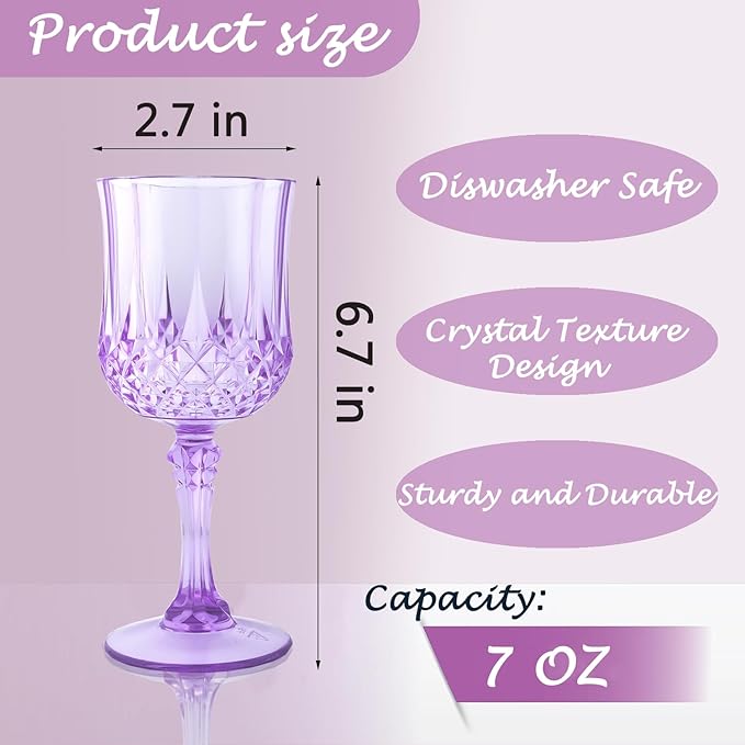 LEYIQU Plastic Wine Glasses, Plastic Goblets Vintage Style Cordial Drinking Glasses for Valentine’s Day, Wedding Reception, Grand Event Party Supplies (24, Purple)