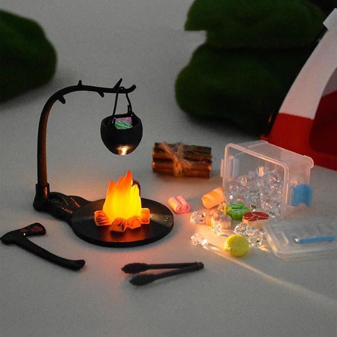 1/12 Scale Mini Realistic Camping and Picnic Model Set, Food-Play Props, Prentend-Play Accessory Set (Green Tent + Light + Ladybug + Picnic Food Items/Light-Up)