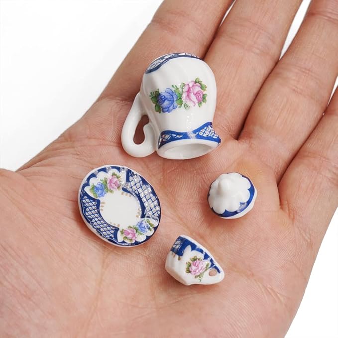 Odoria 1/12 Miniature Porcelain Tea Set 15Pcs Dollhouse Decoration Accessories, Blue Blossom