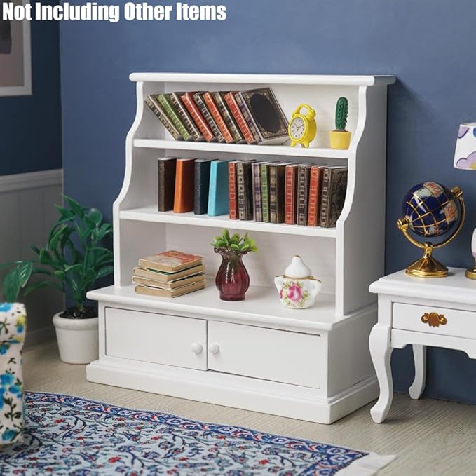 Odoria Dollhouse Bookcase Shelf Miniature: 1/12 Scale Bookshelf Storage for Living Room Antique Retro - Mini Library Wall Display Cabinet - Tiny Wood Furniture Vintage White