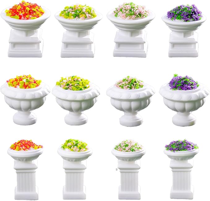 Miniature Dollhouse Plant Flowers, Mini Potted Plant Artificial Tiny Flowers Plants,Tiny Fake Greenery Bonsai Ornament Crafts for Doll House Accessories (Roman Style)