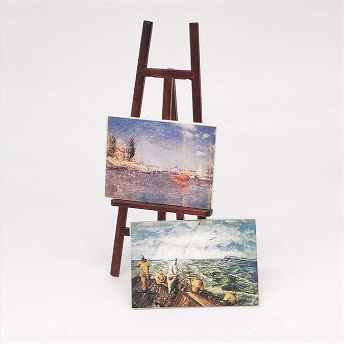 Dollhouse Decoration Accessories, 1/12 Dollhouse Miniature Wooden Easel Oil Painting Set Simulation Toys for Doll