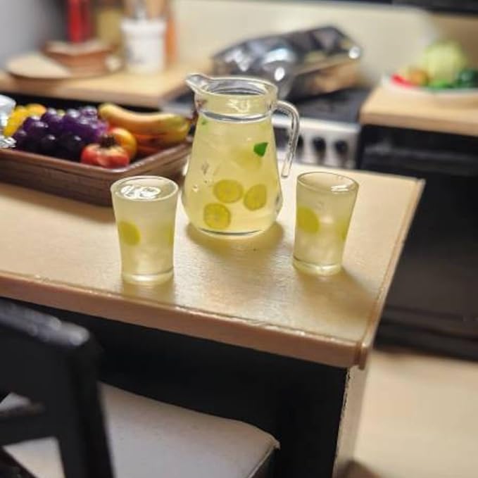 3pcs Miniature Lemonade Pitcher Set, Dollhouse Glasses Bottle Lemonade, Mini Lemon Fruit Ice Tea, for Dollhouse Miniature Kitchen, Fairy Garden, Diorama