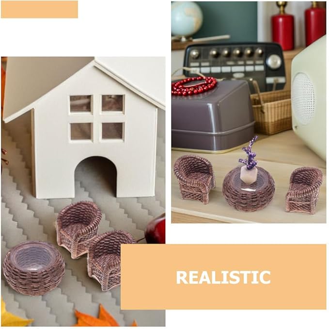 DOITOOL Miniature Table and Chairs Set: 1:12 Scale Miniature Dollhouse Accessories Mini Rattan Table and Chairs Dollhouse Furniture for Fairy Garden Micro Landscape Decoration