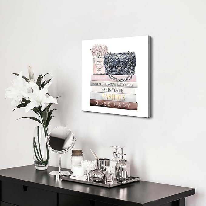 Dream Land Fashion Books Perfume Canvas Art: Trendy Book Stack Wall Painting Glam Pink Prints for Girls Bedroom