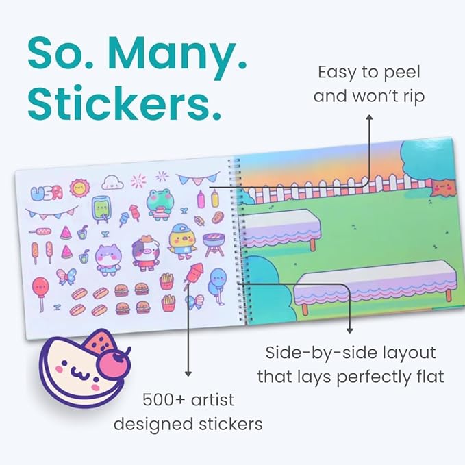 Girly Sticker Book Activity for Kids, Cute Foods Around The World by Cupkin, Toddler Airplane Travel Essentials, 500+ Stickers for Kids 12 Scenes + Coloring Book Pages, Crafts Ages 2-8