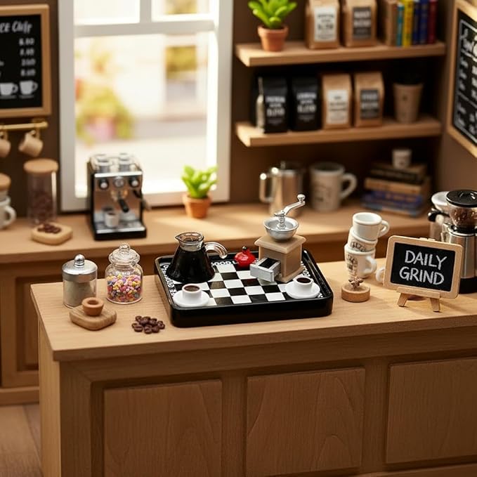 Dollhouse Miniature Coffee Shop Set, 1:12 Scale Mini Café Accessories, DIY Dollhouse Display Kit, Detailed Tiny Café Scene Kit for Collectors & Crafts