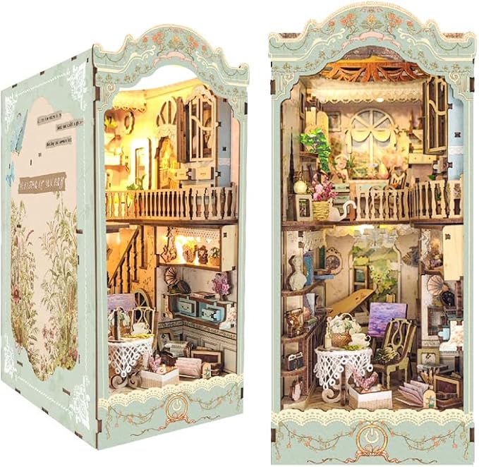 LED Book Nook Kit DIY Miniature Dollhouse Kit 3D Puzzle Wooden Bookends Toy for Teenagers Gift Model Kits Room Decoration - Garden Book Nook - Book Nook Kits for Adults (Pastoral Diary) SQ-09