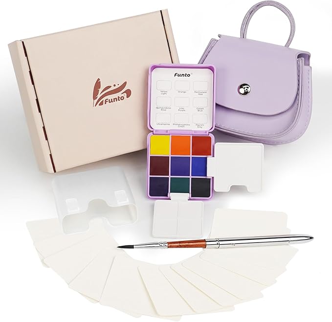 Funto Mini Watercolor Set Travel Kit with 9 Colors, Leather Bag & Watercolor Paper, Portable Drawing & Painting Supplies for Beginners, Art Gift Set
