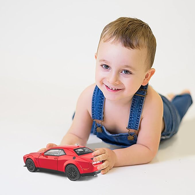 Toy Cars 1/32 Dodge Challenger Die Cast Metal Toy Cars Hellcat Toy Car with Sound and Light Pull Back Hellcat Car for 3+ Year Old Boys and Kids