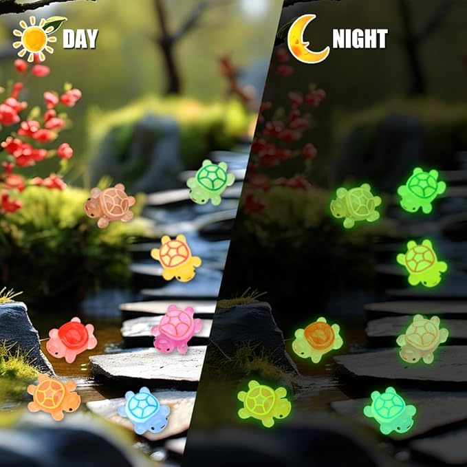100 Pcs Luminous Mini Resin Turtles, Tiny Sea Turtle Animals to Hide Miniature Figures Glow in the Dark Small Plastic Ocean Animal for Fairy Garden Micro Landscaping Dollhouse Home Decor Party Gifts