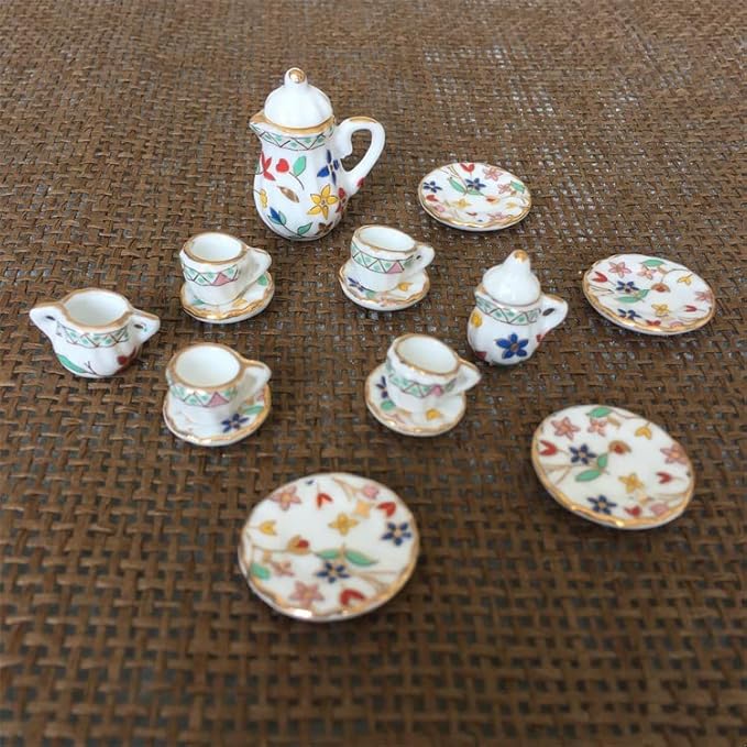 Dollhouse Decoration Accessories, 1:12 Dollhouse Miniature 15 Pcs Porcelain Tea Sets Mini Food Toy Model (A)