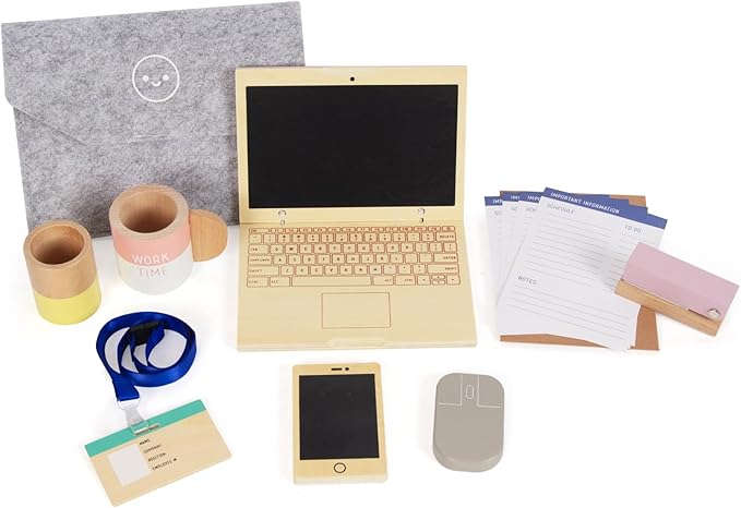 Wooden Pretend Play Home Office Set for Kids,10Pcs Office Playset with Wooden Toy Laptop & Phone,Toddlers Beverage Cup for Preschool Kid Ages 3+ Years