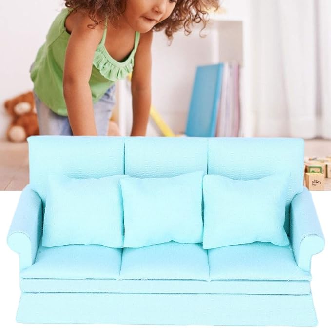 Dollhouse Furniture 1 ：12 Scale Couch Doll House Mini Sofa with 3Pcs Pillow Living Room Furniture Wooden Doll House Decoration Accessories (Lake Blue)