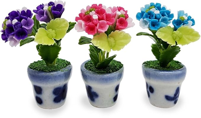 WitnyStore Tiny 1½" High 3 Pieces Set Purple Pink Blue Hydrangea Hand Made Artificial Flowers Realistic Colorful Miniature Modelling Clay Flower Pots Variety of House Plant Species Home Decoration
