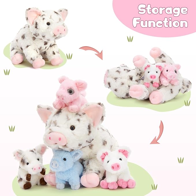 5Pcs Spotted Pig Stuffed Animal, 16“ Mommy Pig Plush with 4 Soft Cuddly Baby Pig Plushies in Mother Pig's Belly, Farm Animal Chirstmas Birthday Gift for Girls Boys Kids, Baby Shower Decor