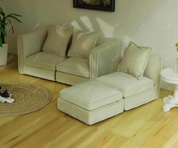 iLAND Dollhouse Furniture Miniature Sectional Couch Set Fit 1/12 Scale Accessories for Doll House Décor and 3 to 6 inches Doll Figure, Modern White Velvet Sofa Elegant & Classic