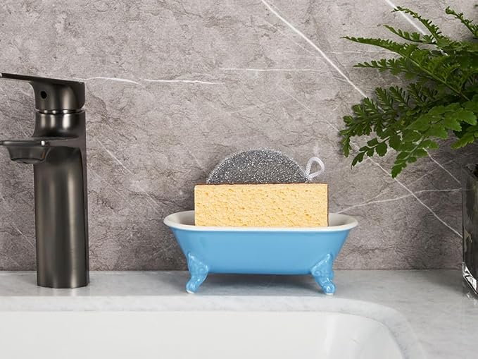 NEWHENGS 6.5" Ceramic Mini Decorative Clawfoot Bathtub Bar Soap Dish, Kitchen Sponge Holder and Shower Tray for Bathroom, 1 Pack(Pacific Blue)