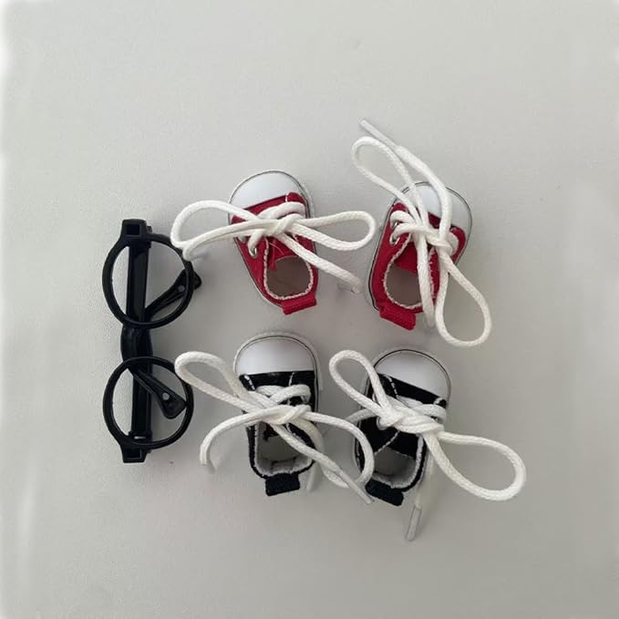 Mini Canvas Sneakers for Dolls, 2 Pairs Set in Red and Black, Lace-up Style for labubu 2025,Include A Pair of Glasses(no Lenses) (Red & Black)