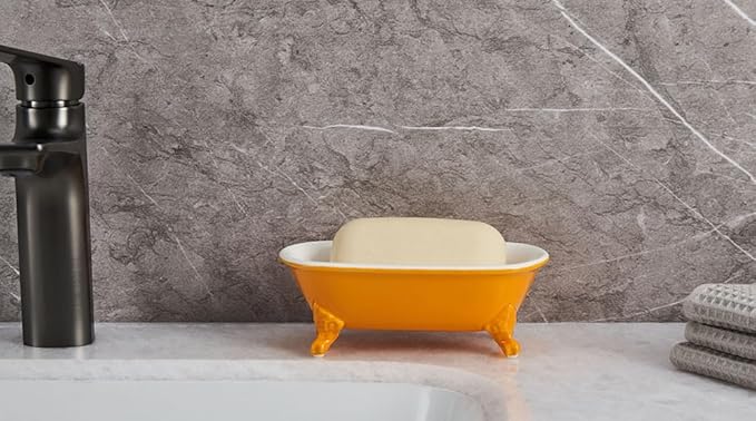 NEWHENGS 6.5" Ceramic Mini Decorative Clawfoot Bathtub Bar Soap Dish, Kitchen Sponge Holder and Shower Tray for Bathroom, 1 Pack(Golden Yellow)