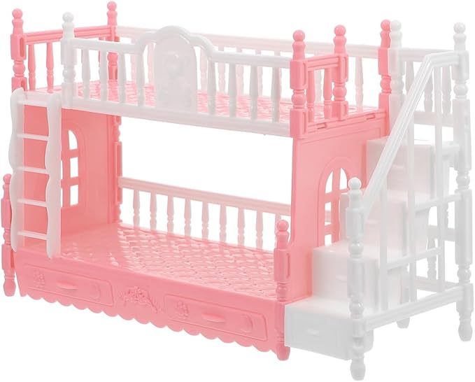 Miniature Bunk Bed Model with Ladder for 16cm Dolls, Dollhouse Bedroom Furniture, Pink, 8.66 X 5.51 X 3.14 Inches, Abs Material, Space-Saving Design for Mini House Decoration