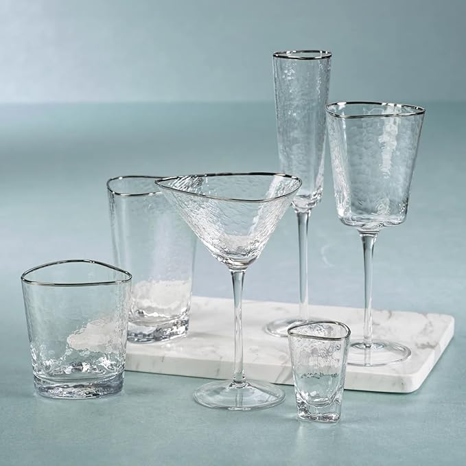 Zodax Aperitivo Triangular Stemware or Glassware - Clear with Platinum Rim - Sets of 4 (Double Old-Fashioned)