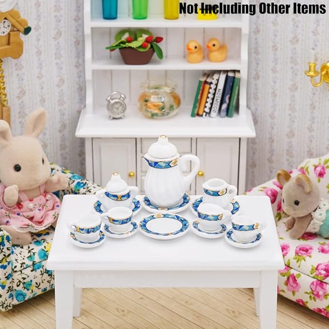 Odoria 1/12 Miniature Porcelain Tea Set 15Pcs Dollhouse Decoration Accessories, Mediterranean Blue