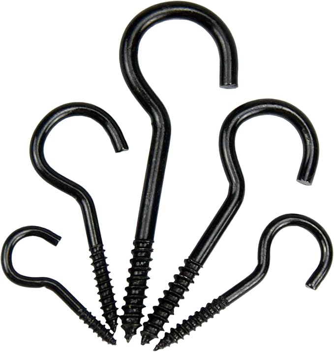 BJUTYEU 125 Pieces of Screw Cup Hook Set 5 Sizes Ceiling Small Hooks Wardrobe Decoration Hanging Accessories for Hanging Outdoor or Indoor use (0.98" 1.41" 1.57" 1.96" 2.36") (Black)