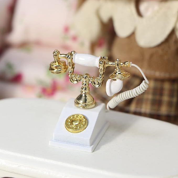 Dollhouse Telephone 1:12 Miniature Vintage Rotary Phone Model Desk Decoration Retro Mini Accessorries for Artificial House Living Room Scene (White)