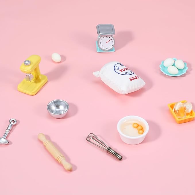 18PCS Dollhouse Miniature Kitchen Food Accessories Set, Mini Stuff for Dollhouse Decor with Stand Mixer, Kitchen Scale, Flour, Rolling Pin Accessories