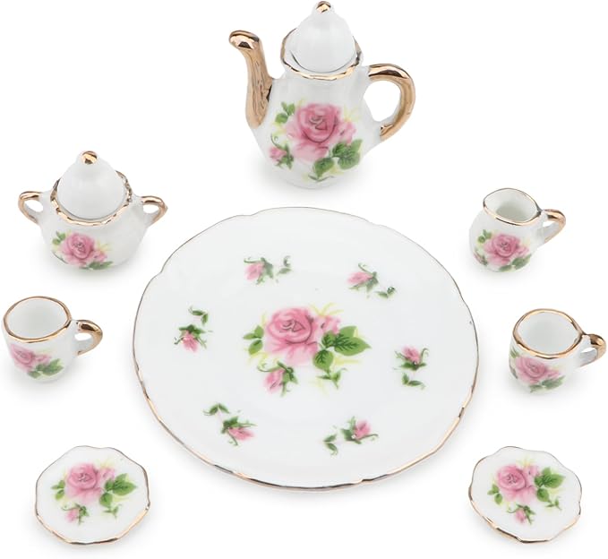 Dollhouse 1:6 Porcelain Tea Cup Sets 8 Pcs Set Miniature Ceramics Dollhouse Accessories Flower Pattern Teapot Platter Dish Sets Dollhouse Kitchen Supplies Decoration (Little Rose)