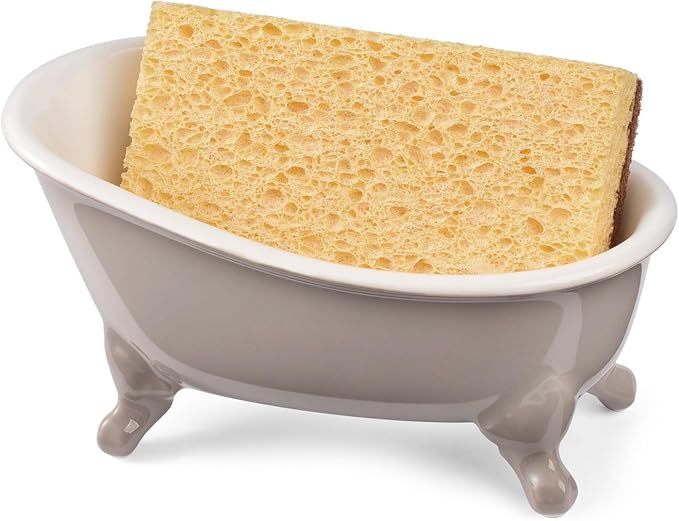 NEWHENGS 6.1" Vintage Ceramic Mini Decorative Clawfoot Bathtub Bar Soap Dish, Kitchen Sponge Holder and Shower Tray for Bathroom, 1 Pack (Taupe)