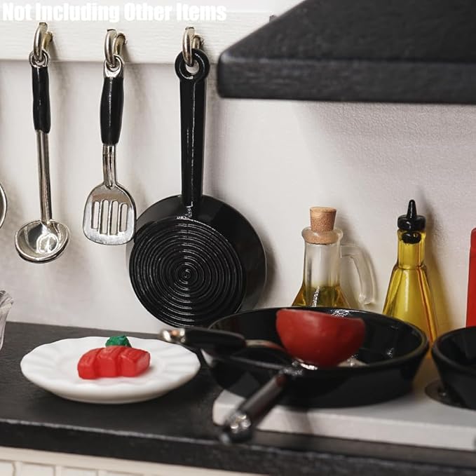 Odoria Dollhouse Frying Pan Miniature: 1/12 Scale Skillet Cookware for Kitchen Restaurant - Mini Kitchenware Cooking Utensils Metal Black 3Pcs