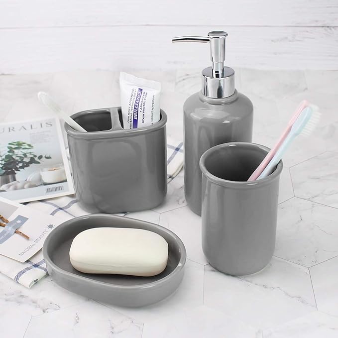 Gray Ceramic Bathroom Accessory Set, Bathroom Accessories Set Includes Soap Dispenser, Toothbrush Holder, Tumbler, Soap Dish, Complete Bathroom Ensemble Sets for Bath Decor, Ideas Home Gift