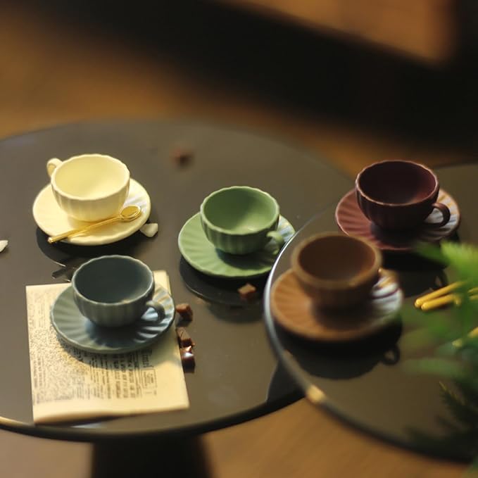5 Set Dollhouse Miniature Coffee Cups Miniature Dollhouse Accessories 15 Pieces Mini Coffee Cup Plate Spoon for Mini Kitchen Accessories