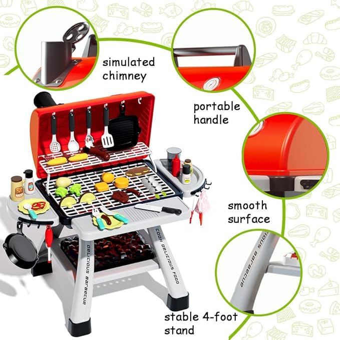Kids BBQ Grill Playset, Play Kitchen Toys Grill with Smoke Sound Light Simulation Pretend Play Food for Toddlers 3-5 Camping Cooking Set Birthday Gifts Christmas for Grandkids