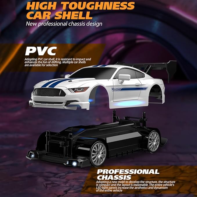 1:24 Scale RC Drift Car, 30KM/H 4WD 2.4GHz Remote Control Cars with LED Light, Racing and 4 Drifting Wheels, High Speed RC Racing Cars Perfect Toy Gift for Teen Adults