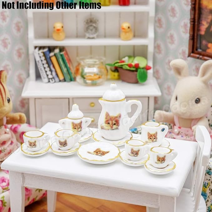 Odoria 1/12 Miniature Porcelain Tea Set 15Pcs Dollhouse Decoration Accessories, Cat
