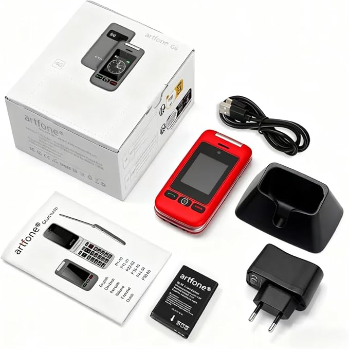 artfone G6 Pro Red - 4G LTE Flip Phone Unlcoked丨Cell Phone for Seniors丨2.4" Dual-LCD丨SOS Button丨Loud Speaker丨Camera丨Charging Dock丨Talking Clock丨Speed Dial丨 Hands-free丨Dumb Phone丨Caller-ID丨Large Fonts