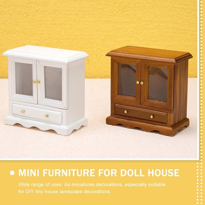 SAFIGLE Wooden Miniature Cupboard Bookshelf for Dollhouse - 1:12 Scale Rustic Furniture, Dollhouse Accessory and Organizer