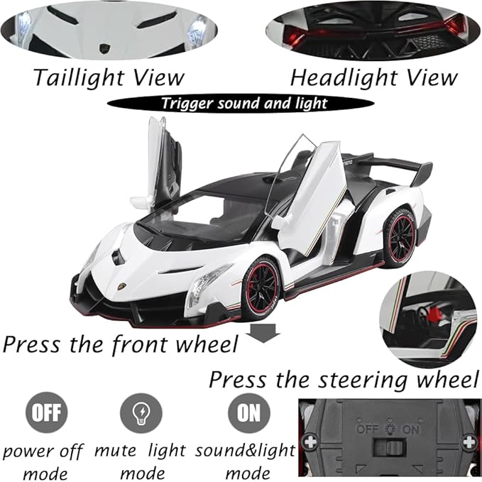 Alloy Collectible 1/24 White Lambo Veneno Toy Pull Back Vehicles Diecast Cars Model with Light & Sound