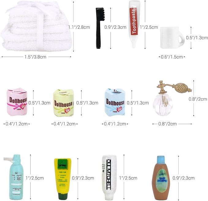 1:12 Scale Miniature Dollhouse Bathroom Accessories 12Pcs - Shampoo Perfume, Toothbrush Toothpaste, Toilet Paper Rolls, Towels