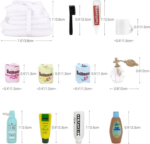 1:12 Scale Miniature Dollhouse Bathroom Accessories 12Pcs - Shampoo Perfume, Toothbrush Toothpaste, Toilet Paper Rolls, Towels
