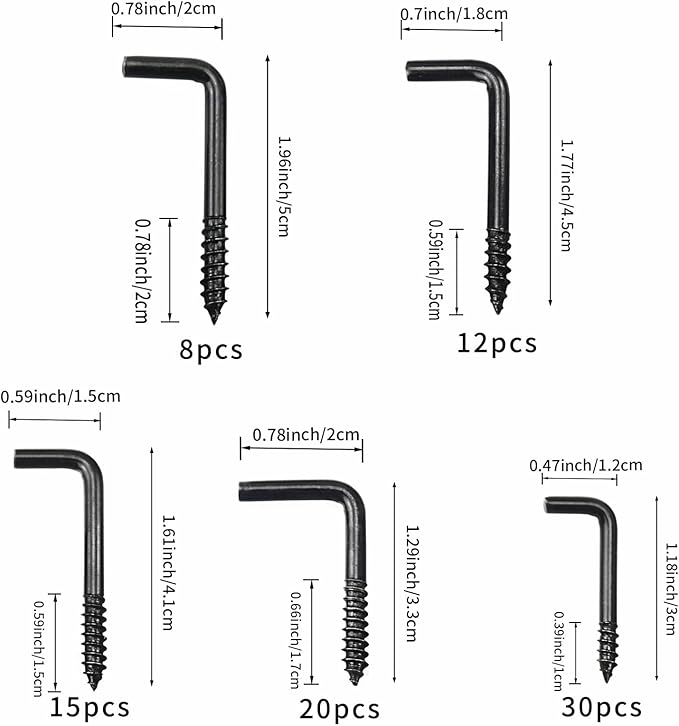 BJUTYEU 5 Sizes of Spiral L-Shaped Bolts; Coat Hooks; Key Jewelry Hangers, 85 Pieces Set, zinc Plated Black self-Tapping Screws Hooks, Suitable for Home/Workplace/Office